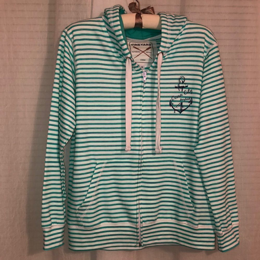 Vineyard M Authentic Vintage Crew Striped White Green Full Zip Hoodie